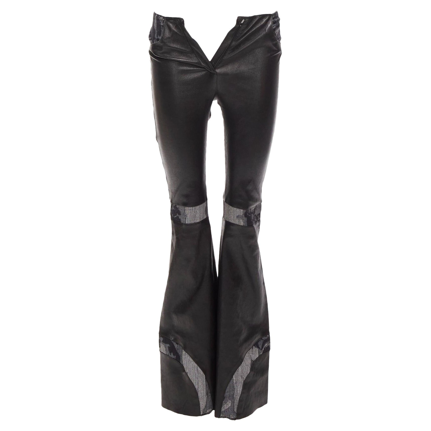 JITROIS black leather cotton blend lace panels wide leg flared pants IT34 XXS For Sale