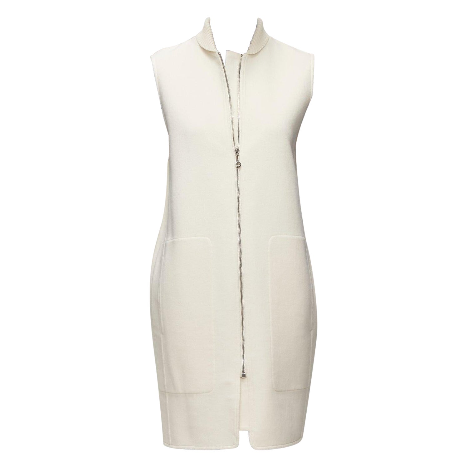 HERMES 100% cashmere cream applique back ribbed zip sleeveless coat FR34 XS For Sale