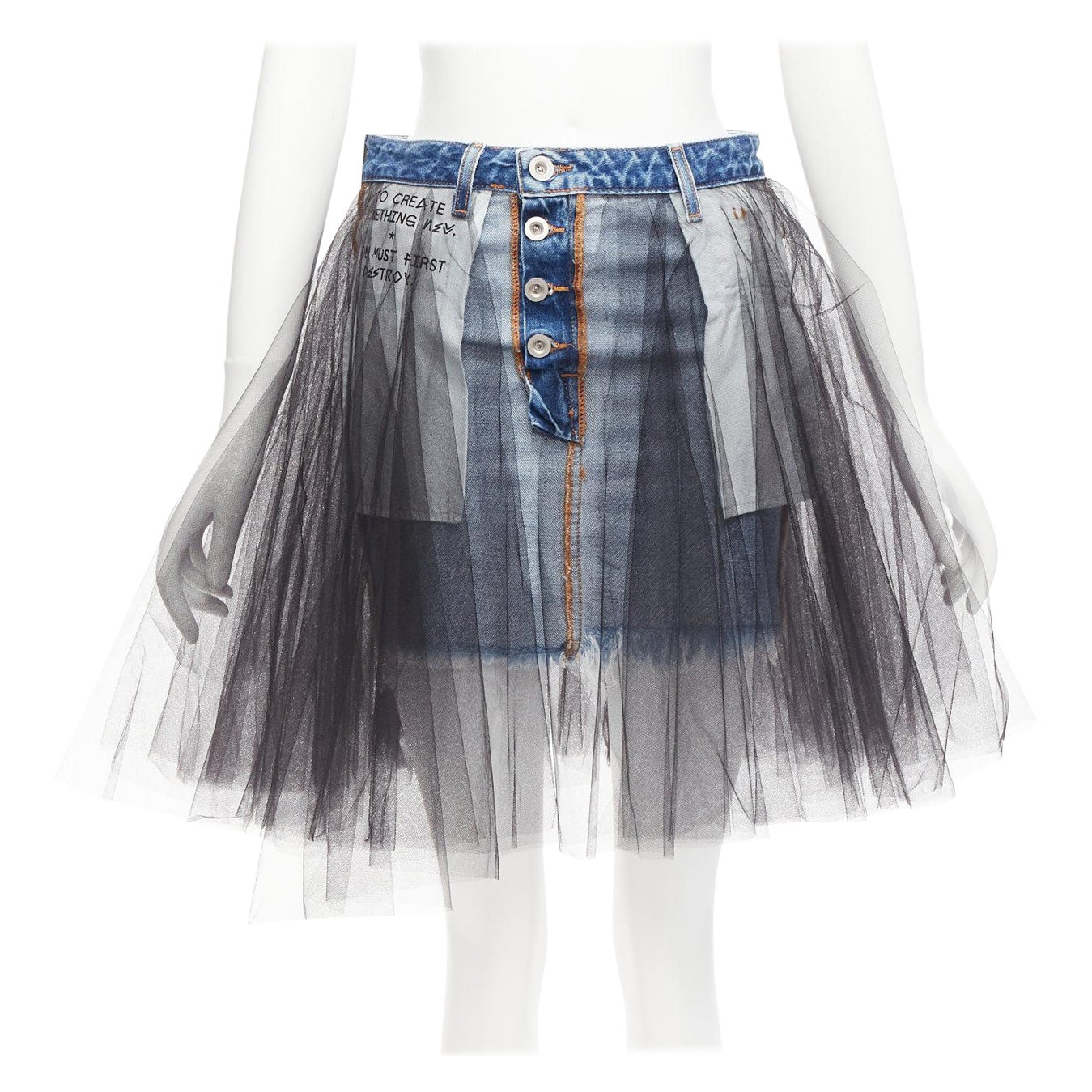 UNRAVEL PROJECT black ruffle tulle overlay blue inside out denim skirt 25" For Sale