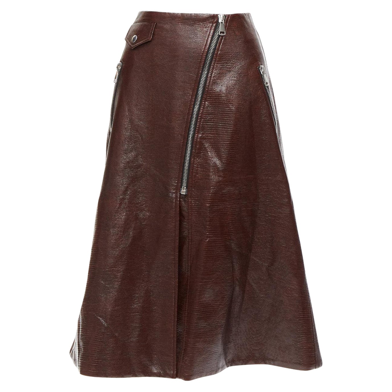 BEAUFILLE brown coated scaled cotton silver asymmetric zip midi skirt US0 XS For Sale