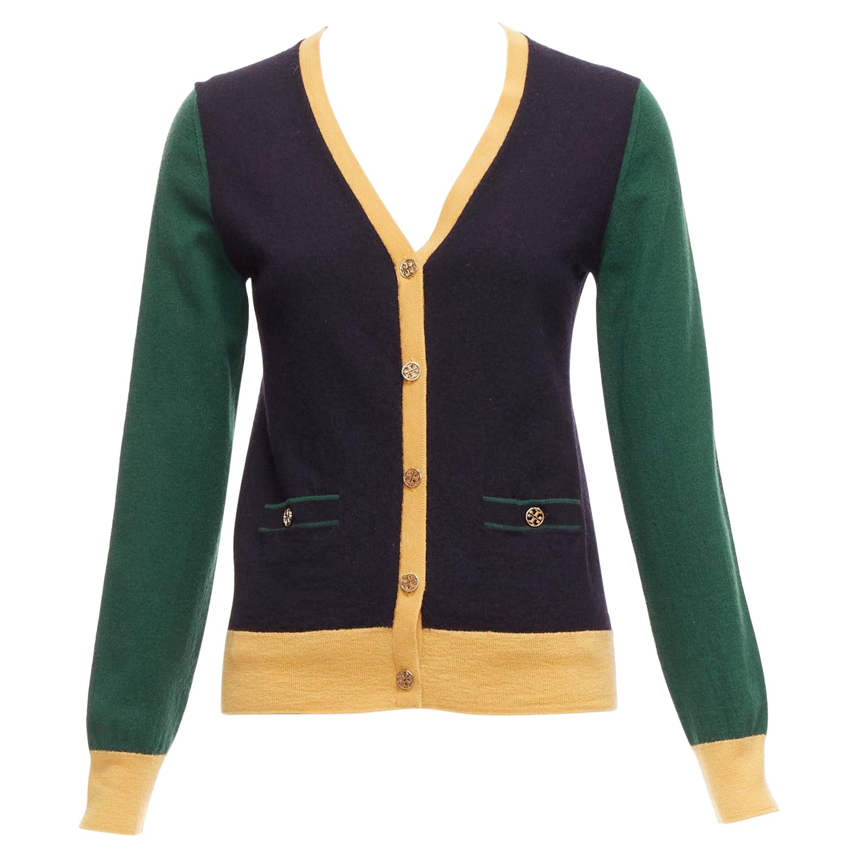 TORY BURCH 100% merino wool colorblocked logo button cardigan sweater M For Sale