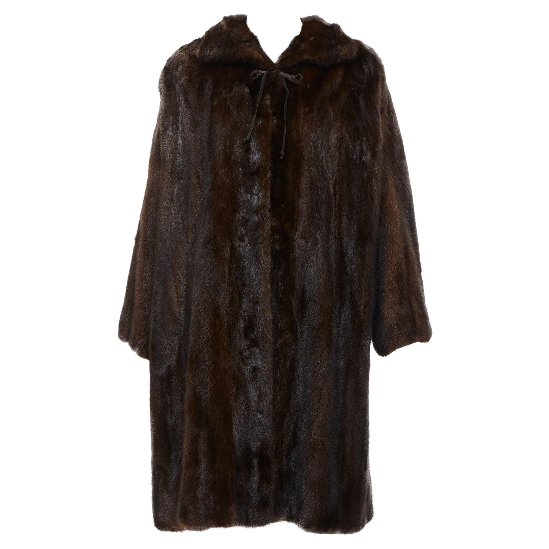 UNLABELLED dark brown genuine fur tie collar longline long sleeve jacket coat For Sale