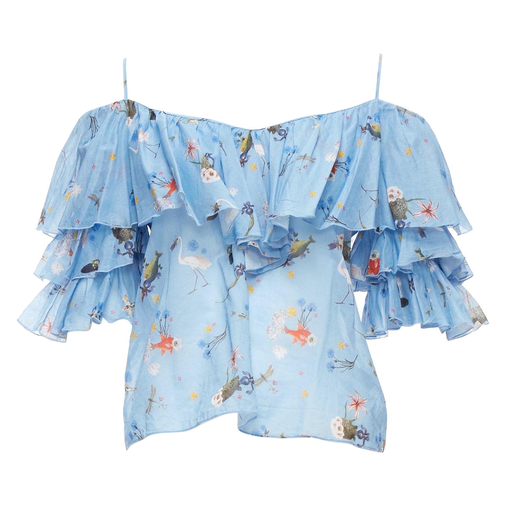 VIVETTA blue cotton animal floral print tiered bell sleeves strappy top IT40 S For Sale