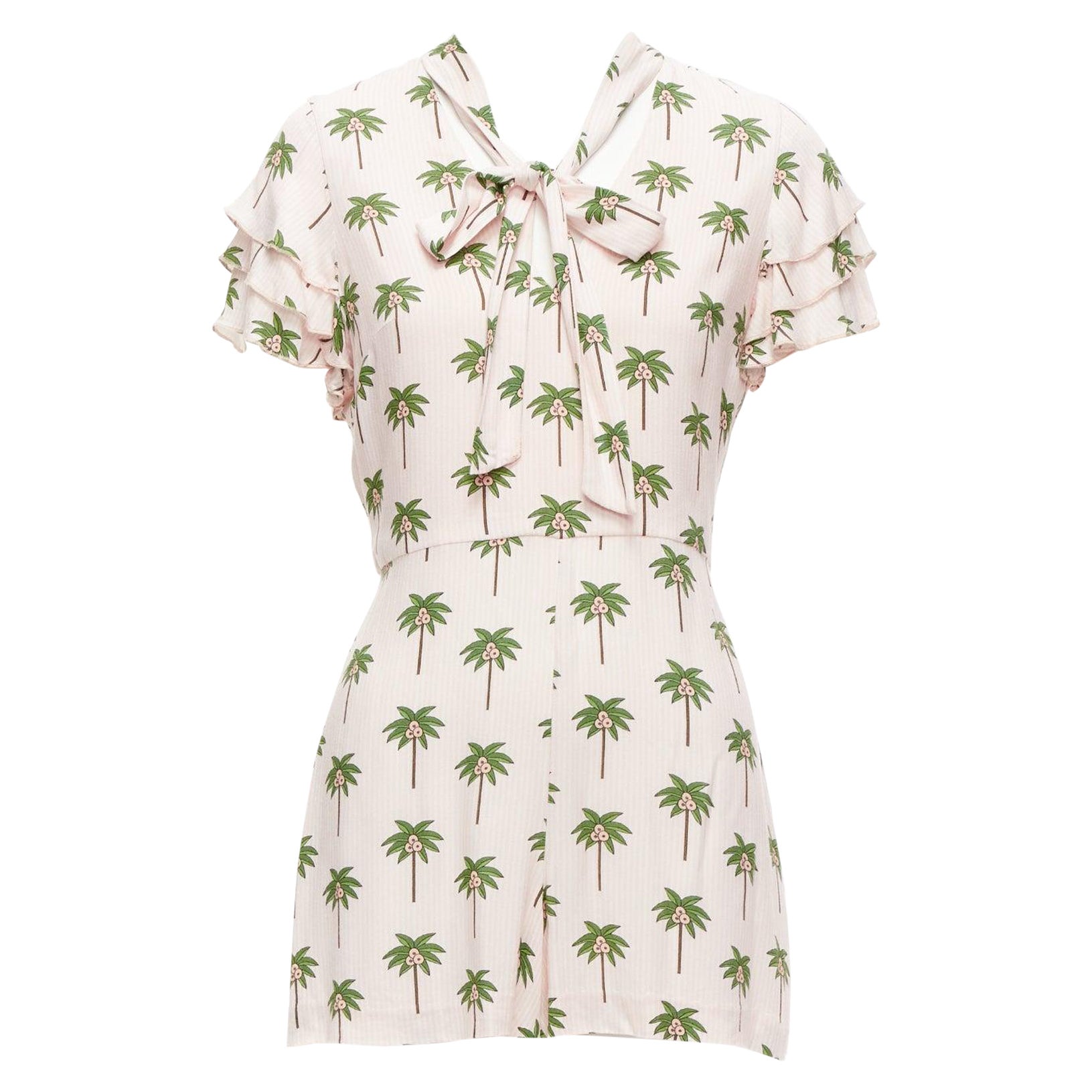 ALICE OLIVIA pink green coconut palm tree frill sleeves bow tie romper US8 L For Sale