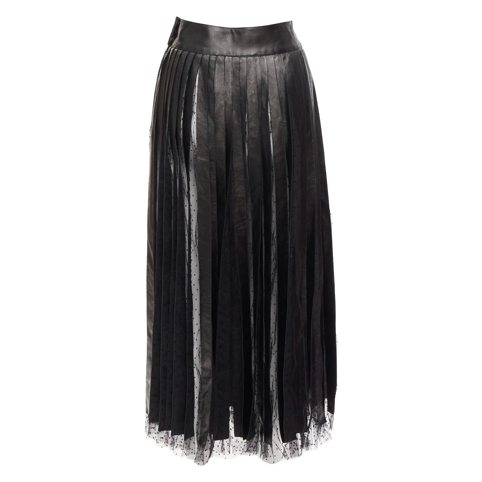 CHRISTIAN DIOR black lambskin leather polka dot lace tulle pleated skirt FR36 S For Sale