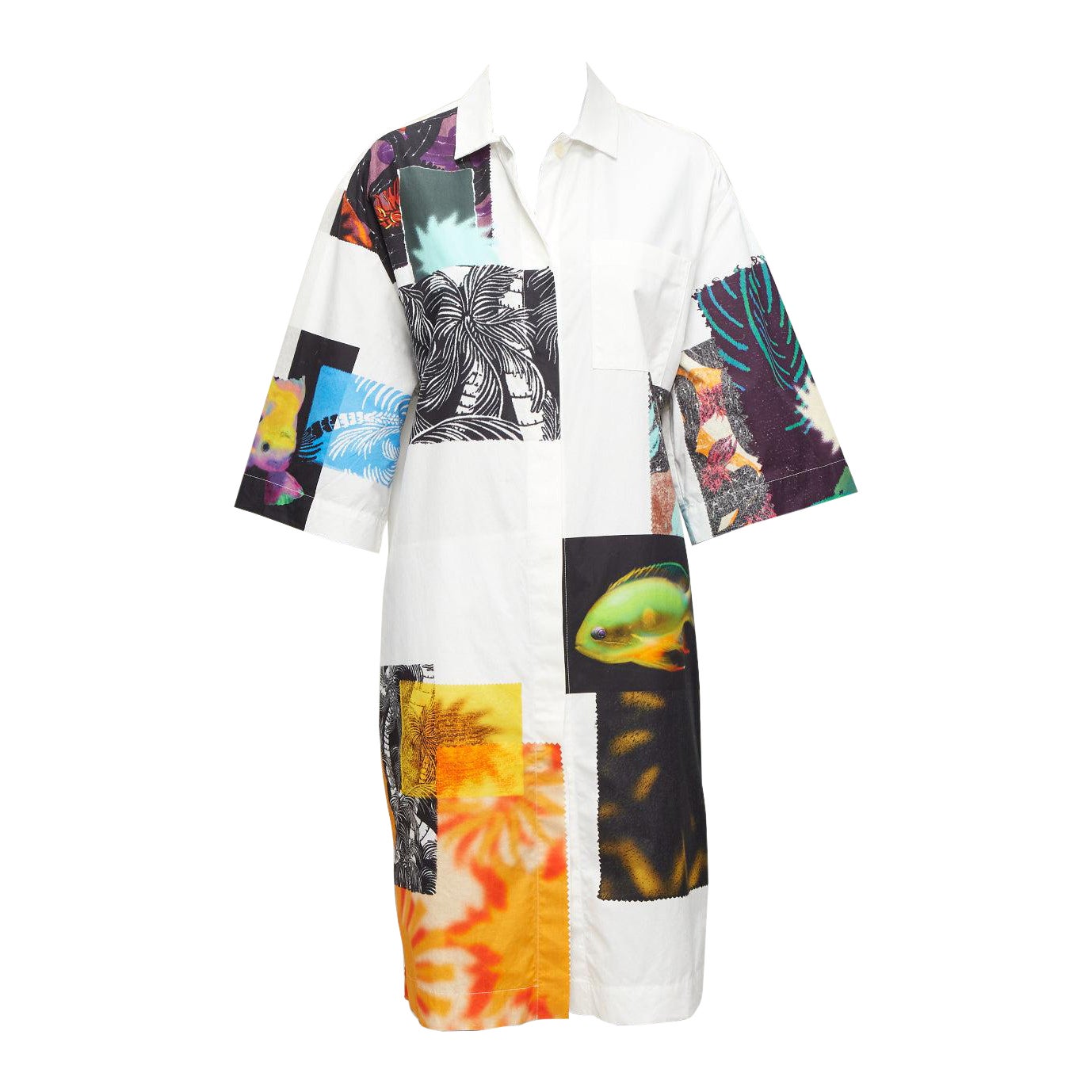 DRIES VAN NOTEN multicolour photographic patch print white shirt dress S For Sale