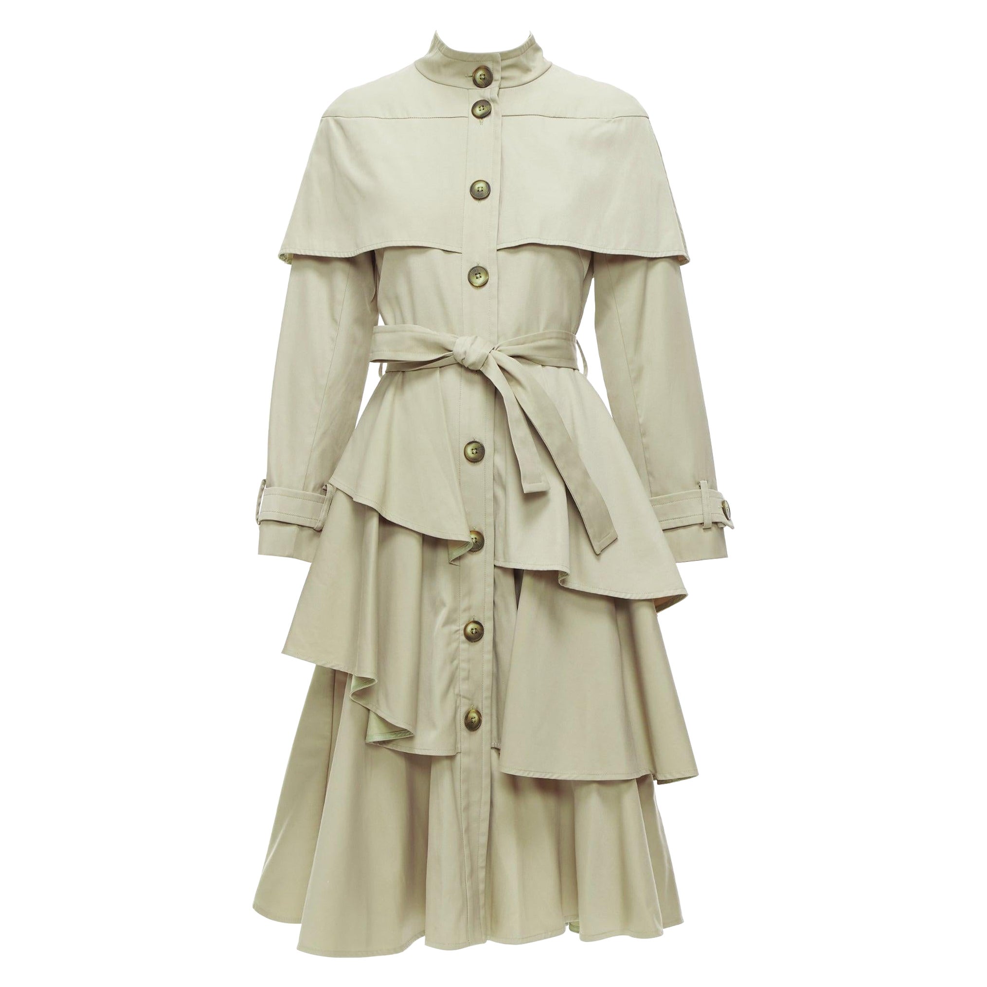 OSMAN LONDON khaki cotton tiered ruffle capelet belted long trench coat XS For Sale