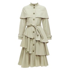 OSMAN LONDON khaki cotton tiered ruffle capelet belted long trench coat XS