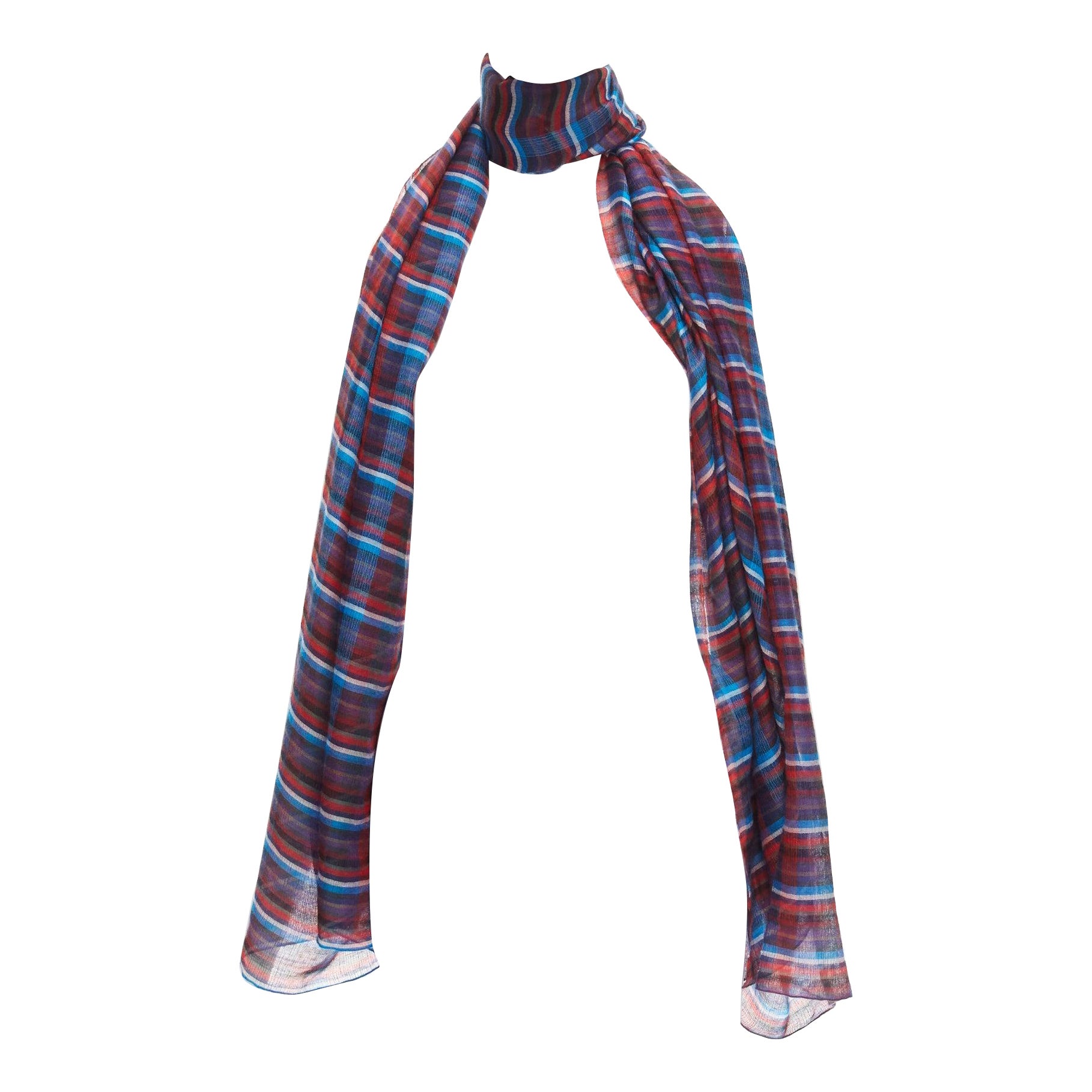 HERMES blue red checkered cashmere silk long wrap rectangular scarf For Sale
