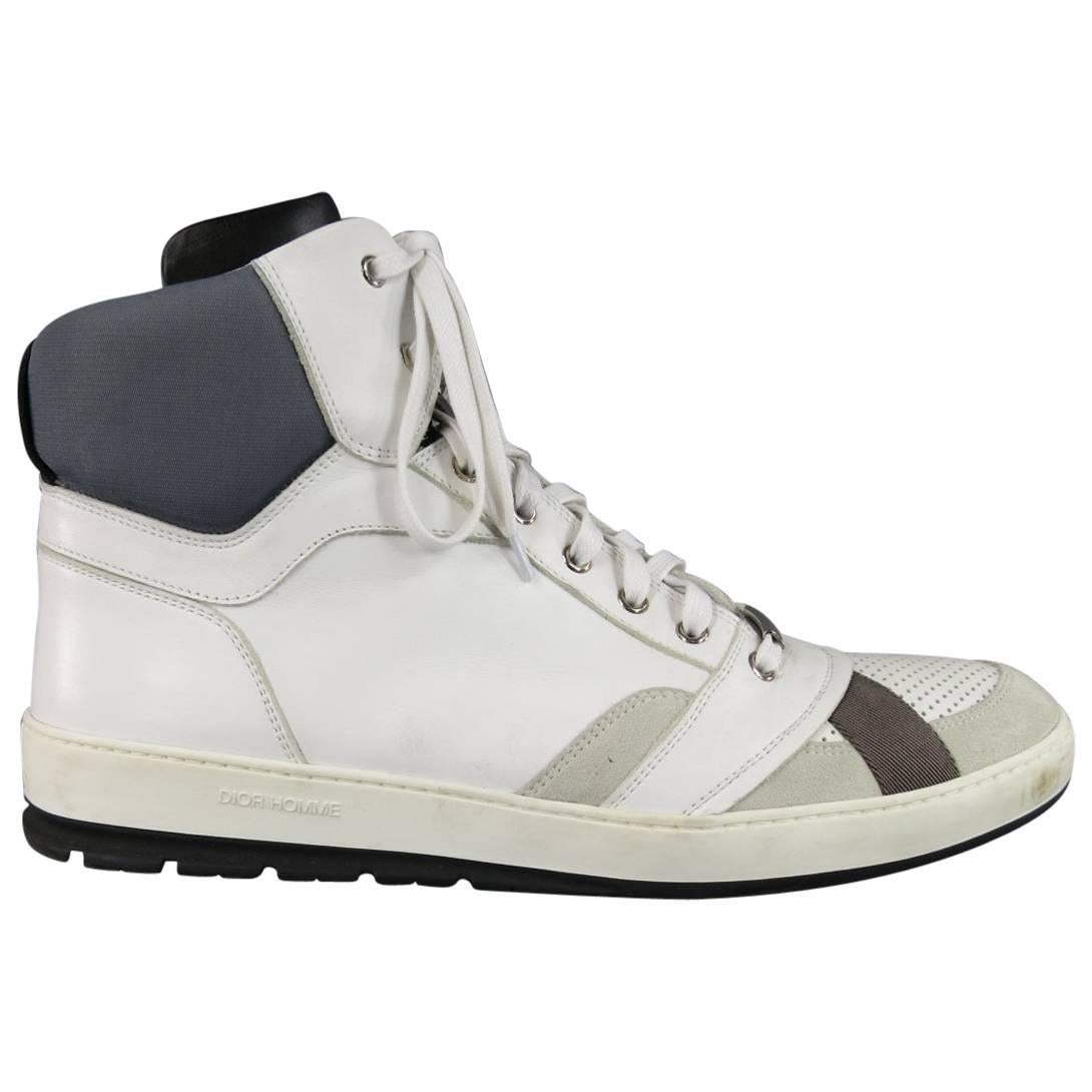 Dior Homme Men's Size 12 White and Gray Leather High Top Sneakers