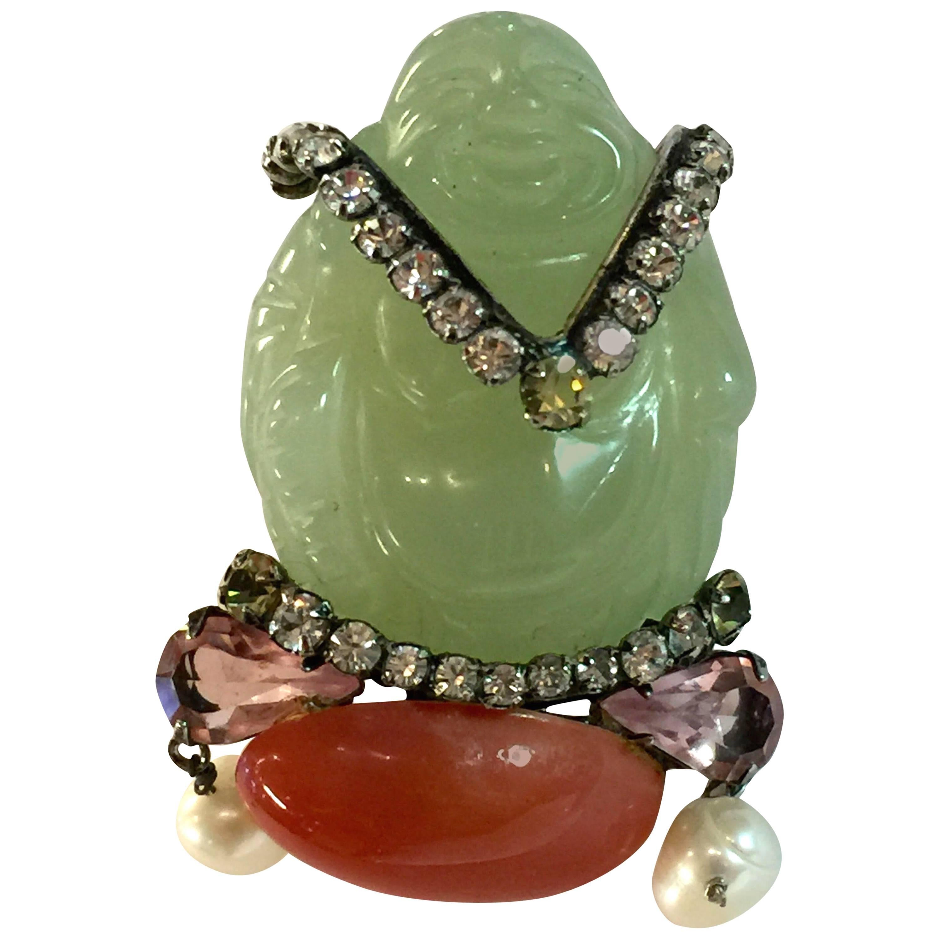 Exotic IRADJ MOINI Jade Buddha Brooch/Pin For Sale