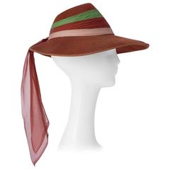 40s Wool Felt Hat with Silk Chiffon Tricolored Band