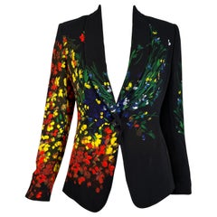 Escada Painterly Black with Floral Single Button Notched Lapel Jacket (veste à revers échancré avec un seul bouton)