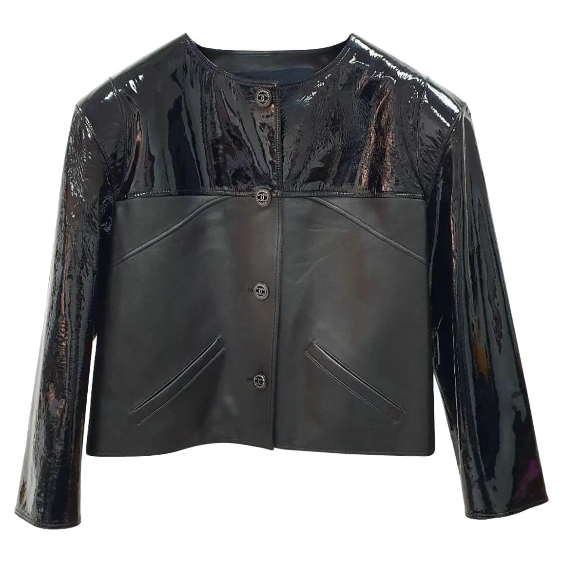 Chanel Black Leather Patent Leather Jacket For Sale
