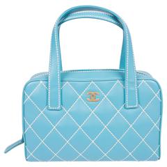 Chanel Wild Stitch Quilted Zip Tote Bag - blue leather