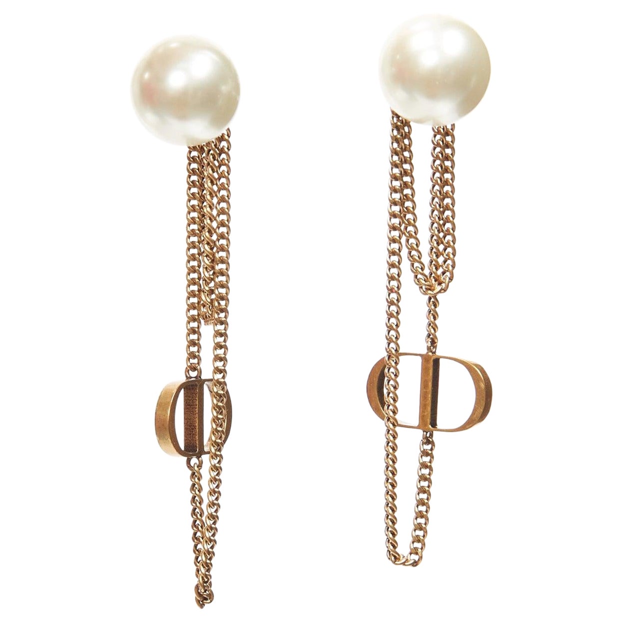 DIOR Tribales double pearls CD charm drop dangling chain pin earrings pair For Sale