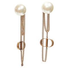 DIOR Tribales double pearls CD charm drop dangling chain pin earrings pair