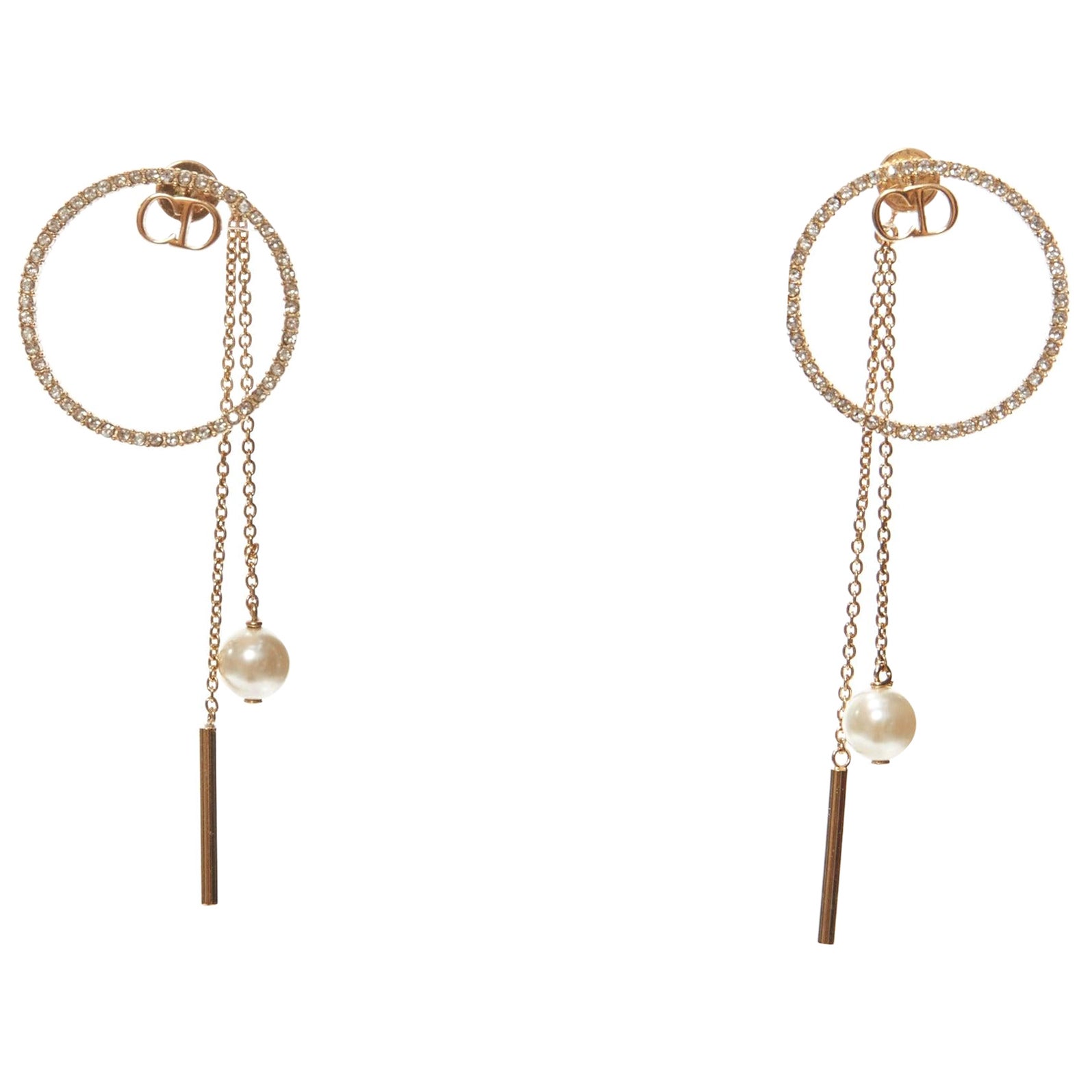 DIOR gold CD logo crystal pave hoop pearl pin drop stud earrings pair For Sale