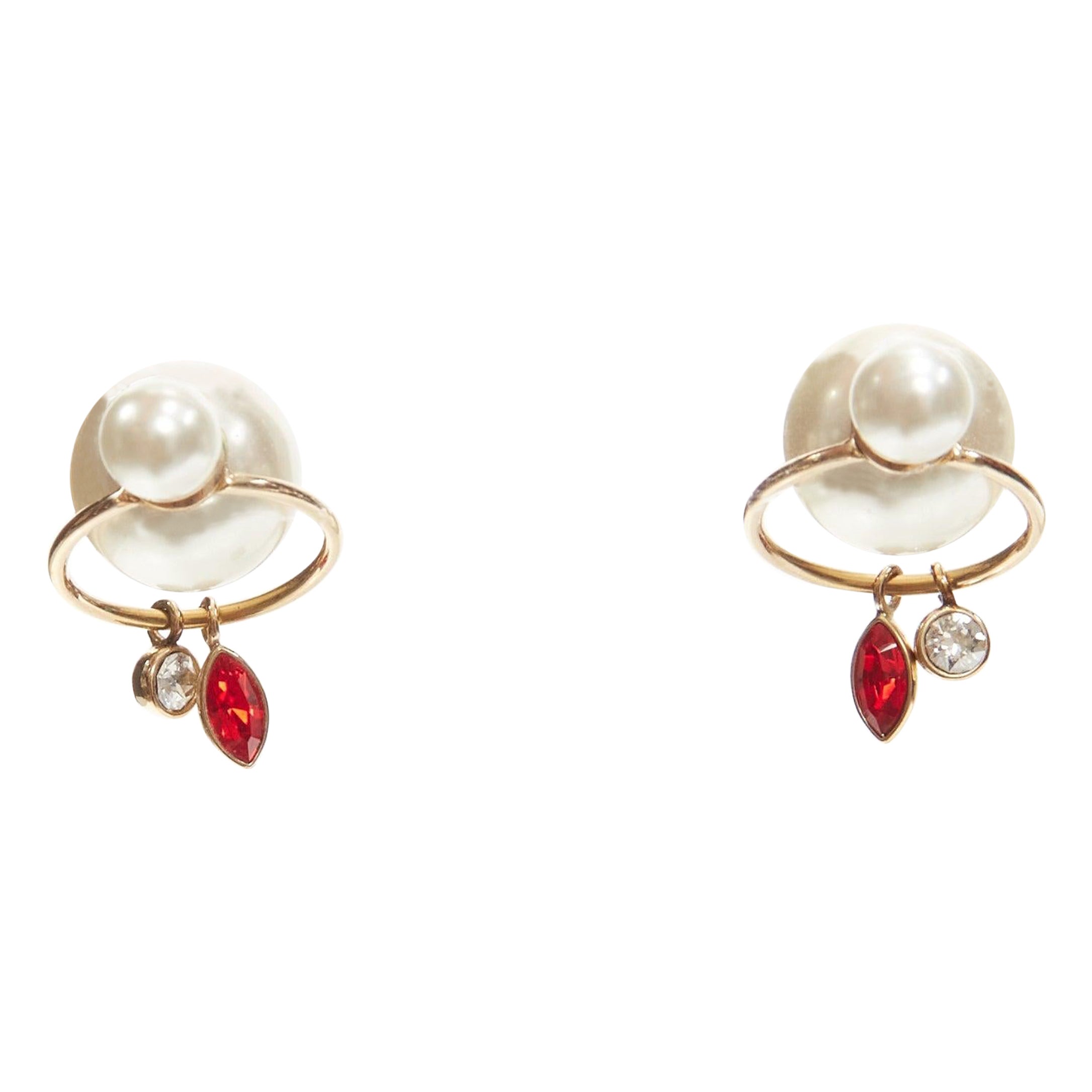 DIOR Tribale double pearl red clear crystal droplets hoop stud earrings pair For Sale
