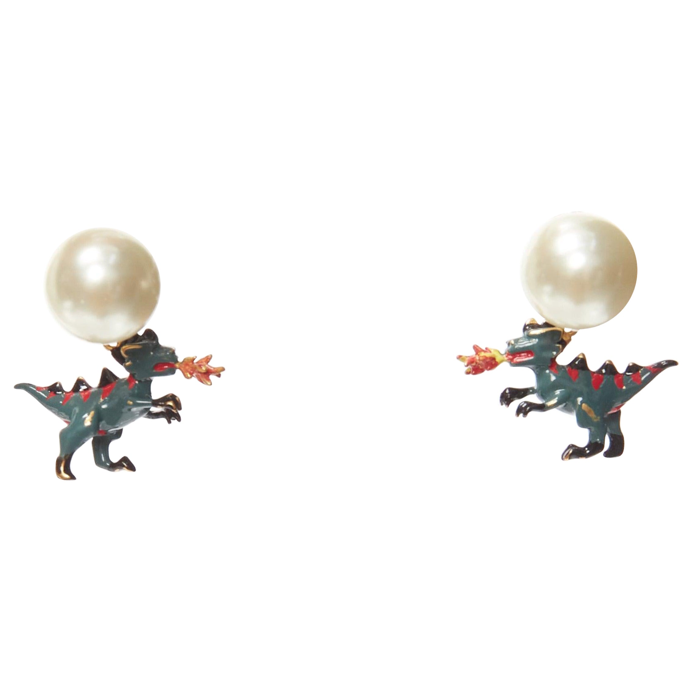 rare DIOR Tribale pearl green dragon dinosaur charm pin earrings pair