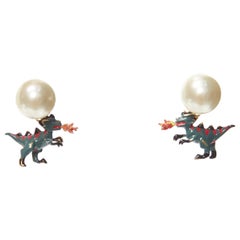Vintage rare DIOR Tribale pearl green dragon dinosaur charm pin earrings pair
