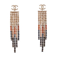 CHANEL A19A gold CC crystal gradient tassel cascade drop pin earrings pair