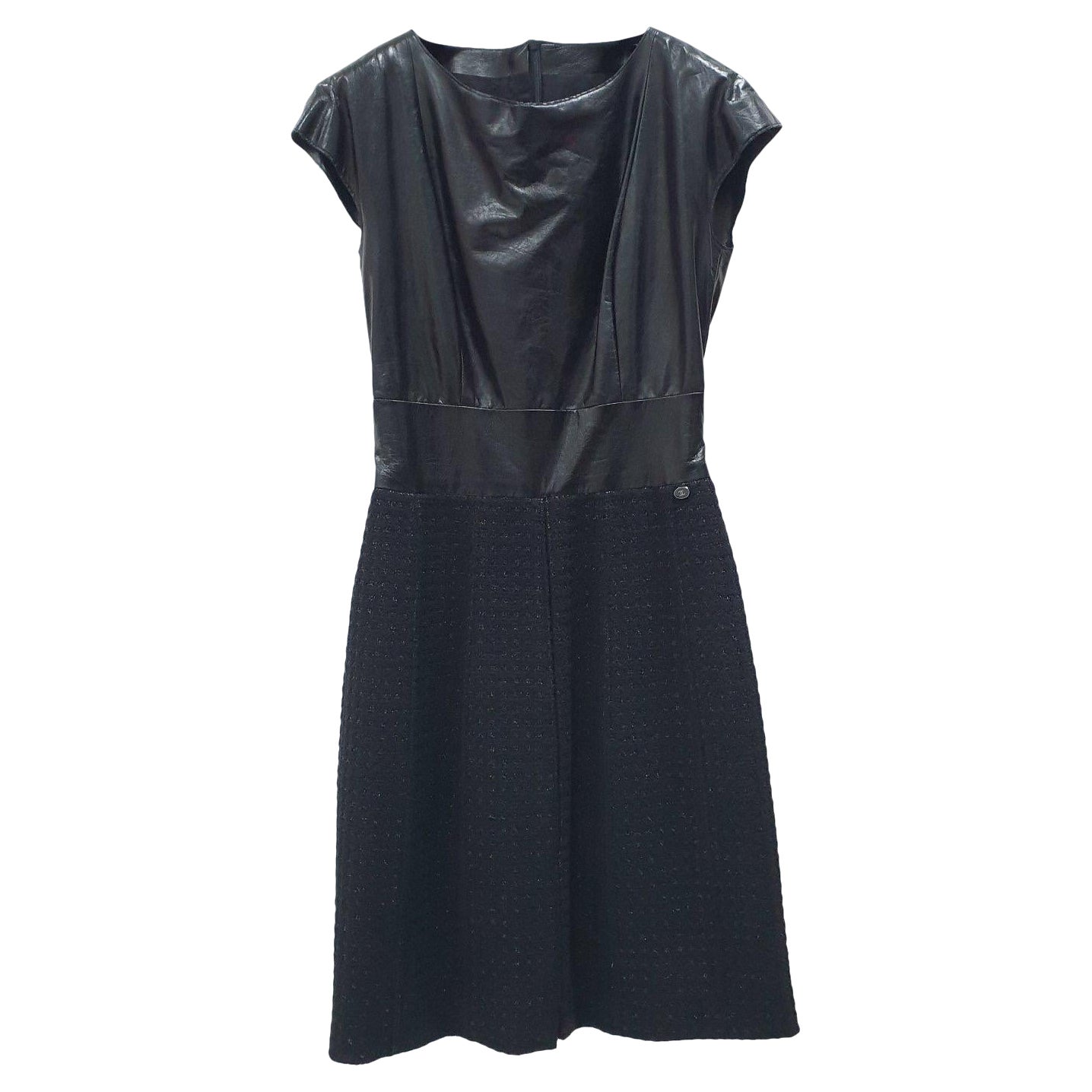 NWT Chanel Black Leather & Tweed Midi Dress  For Sale
