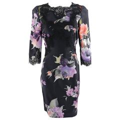 Dolce and Gabbana Purple and Red Silk Roses Dress with Black Lace 