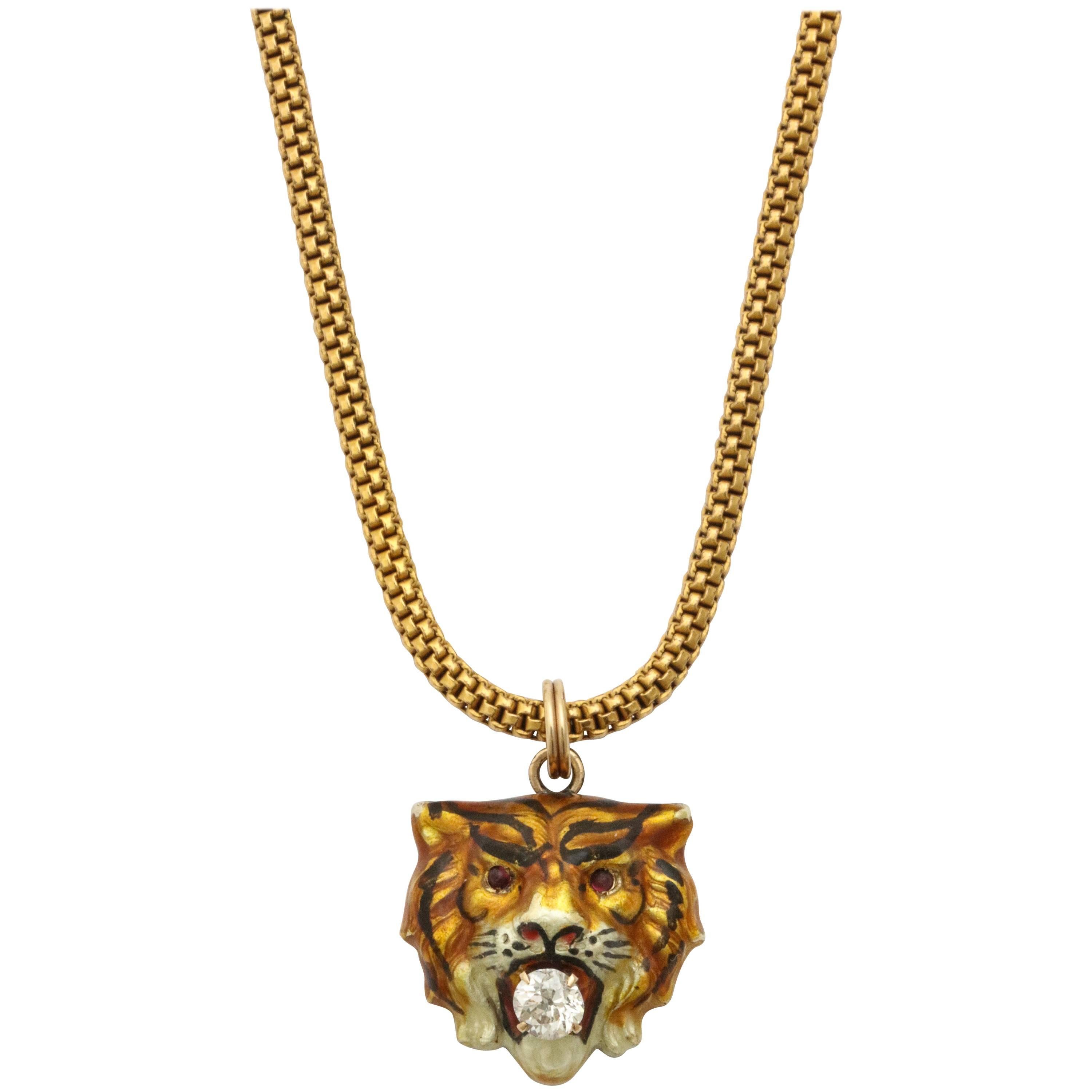 Enamel and Diamond Tiger Pendant on a Gold Chain