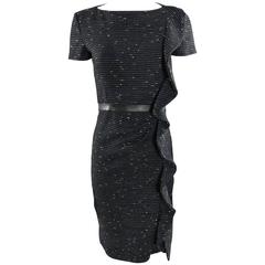Valentino black flecked wool Dress with Ruffle and Leather Belt