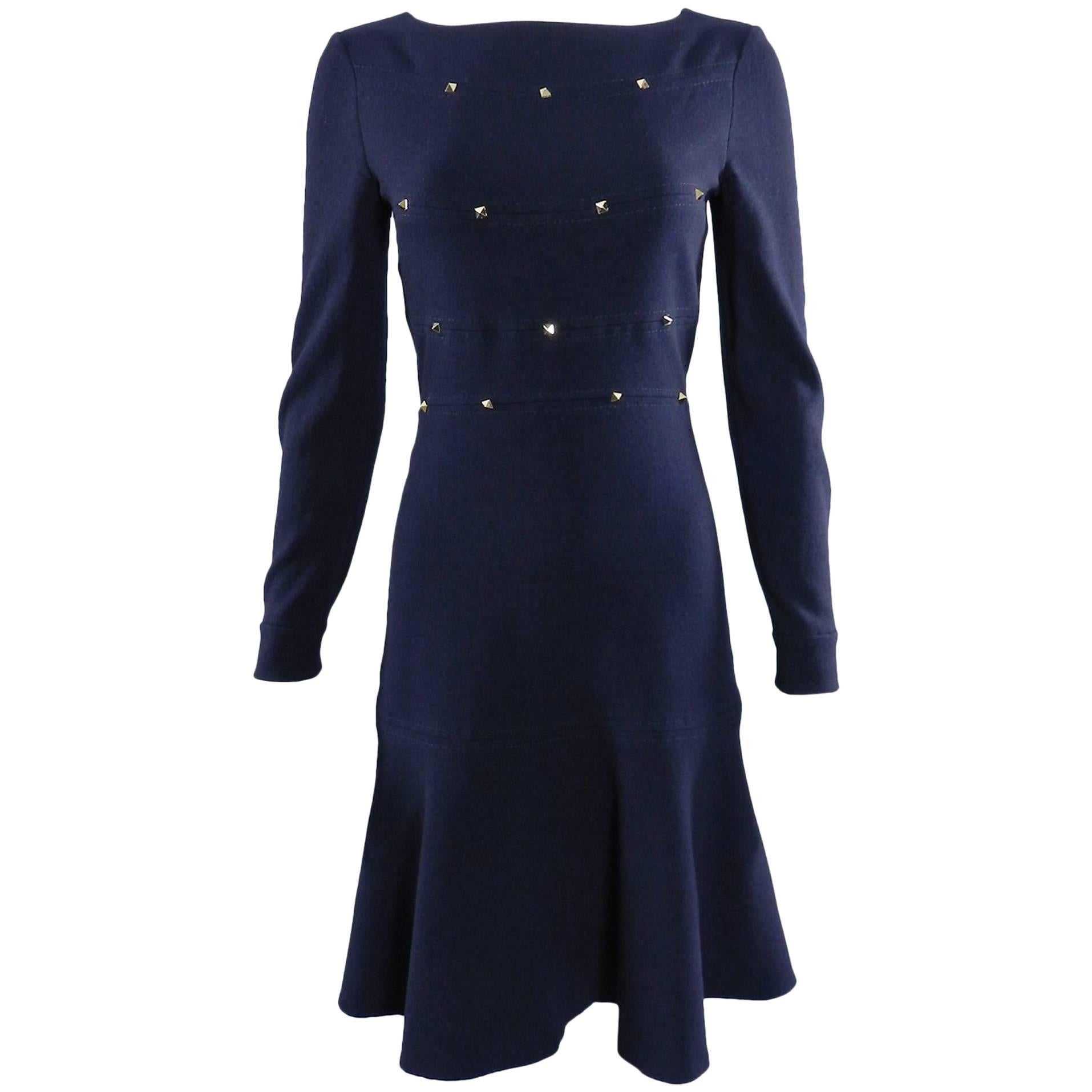 Valentino Navy Wool Long Sleeve Dress with Gold Rock Stud