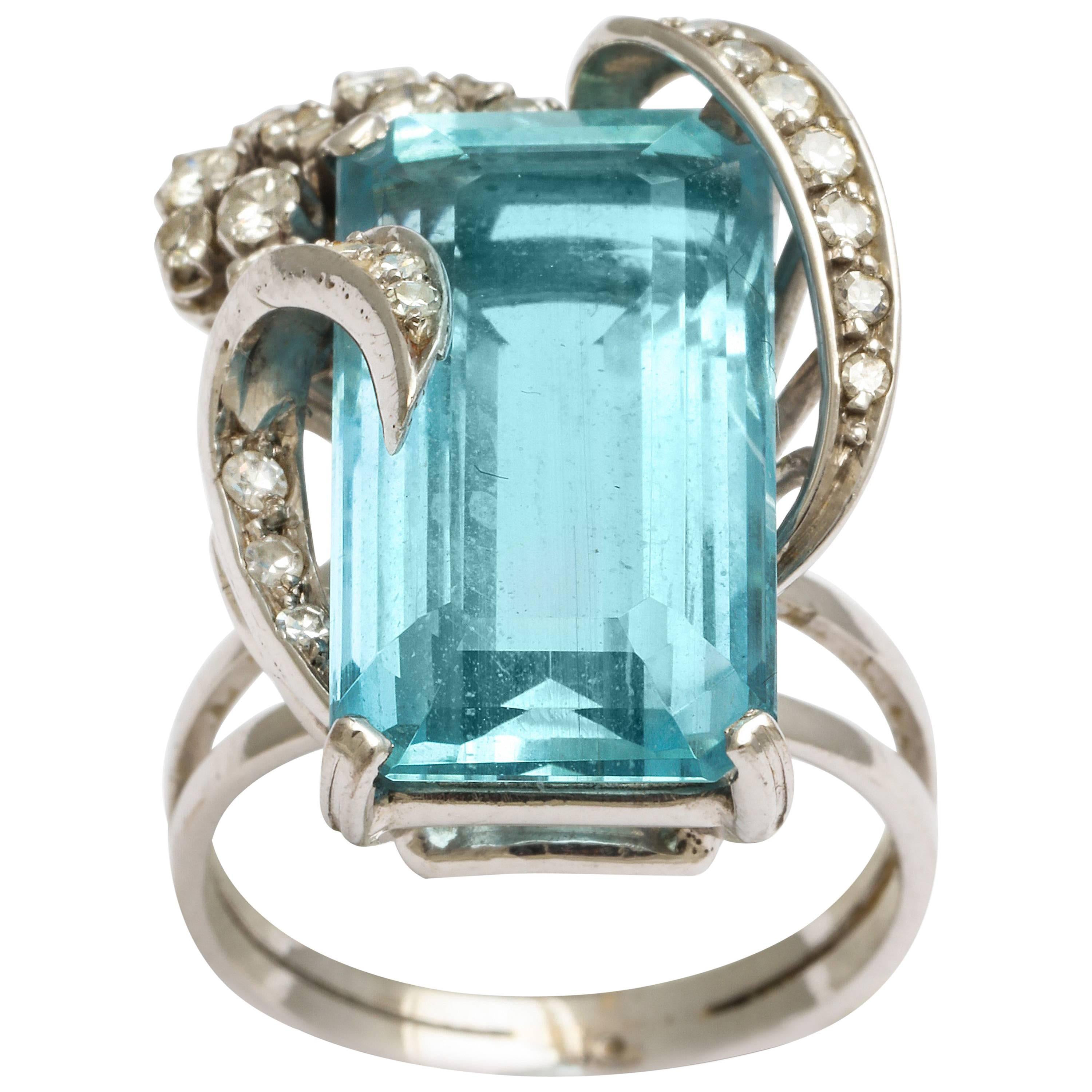 H. Stern Emerald Cut Aquamarine with Diamonds on a Platinum Ring