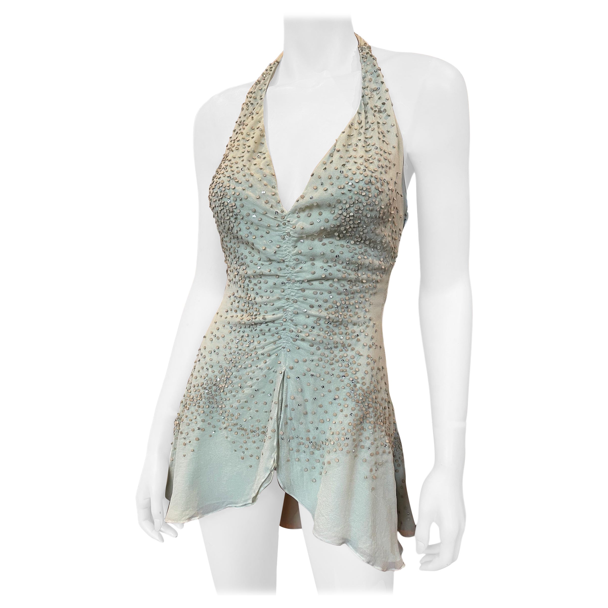 Y2K Stephen Burrows Sage Green Flowing Halter Blouse with Rhinestone Detailing For Sale