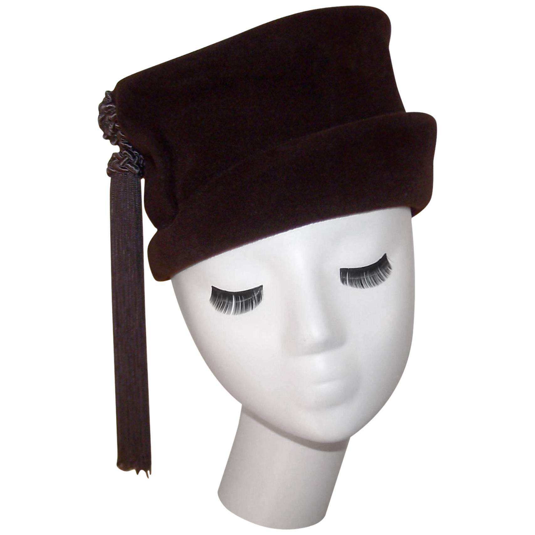 C.1940 Marion Valle Brown Wool Hat With Silk Tassel