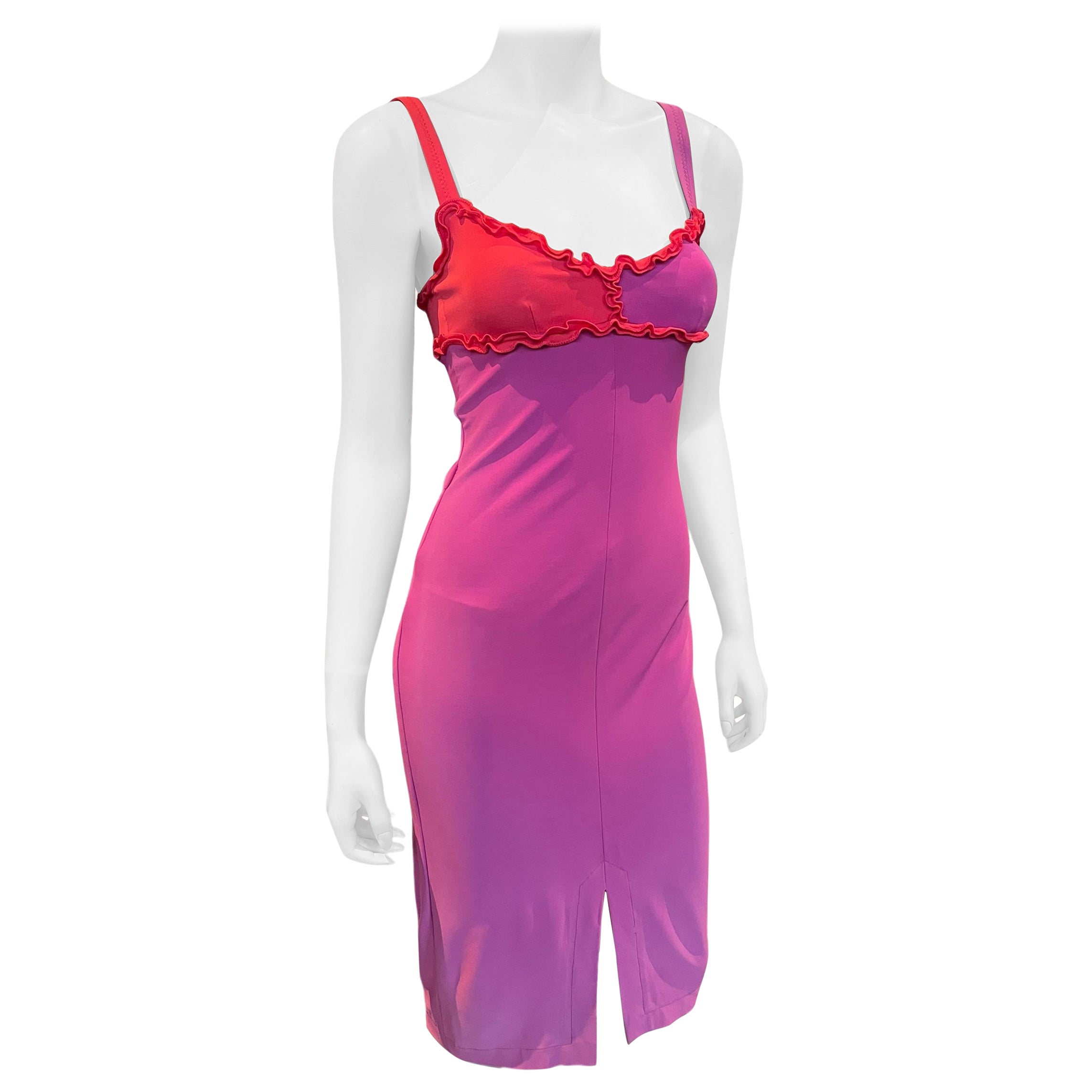 Y2K Stephen Burrows Pink Ombré and Lettuce Edge Trim Slinky Dress  For Sale