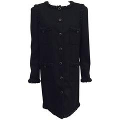 Chanel Black Cashmere and Wool Felt Coat Dress With Folded Black Ribbon Trim 