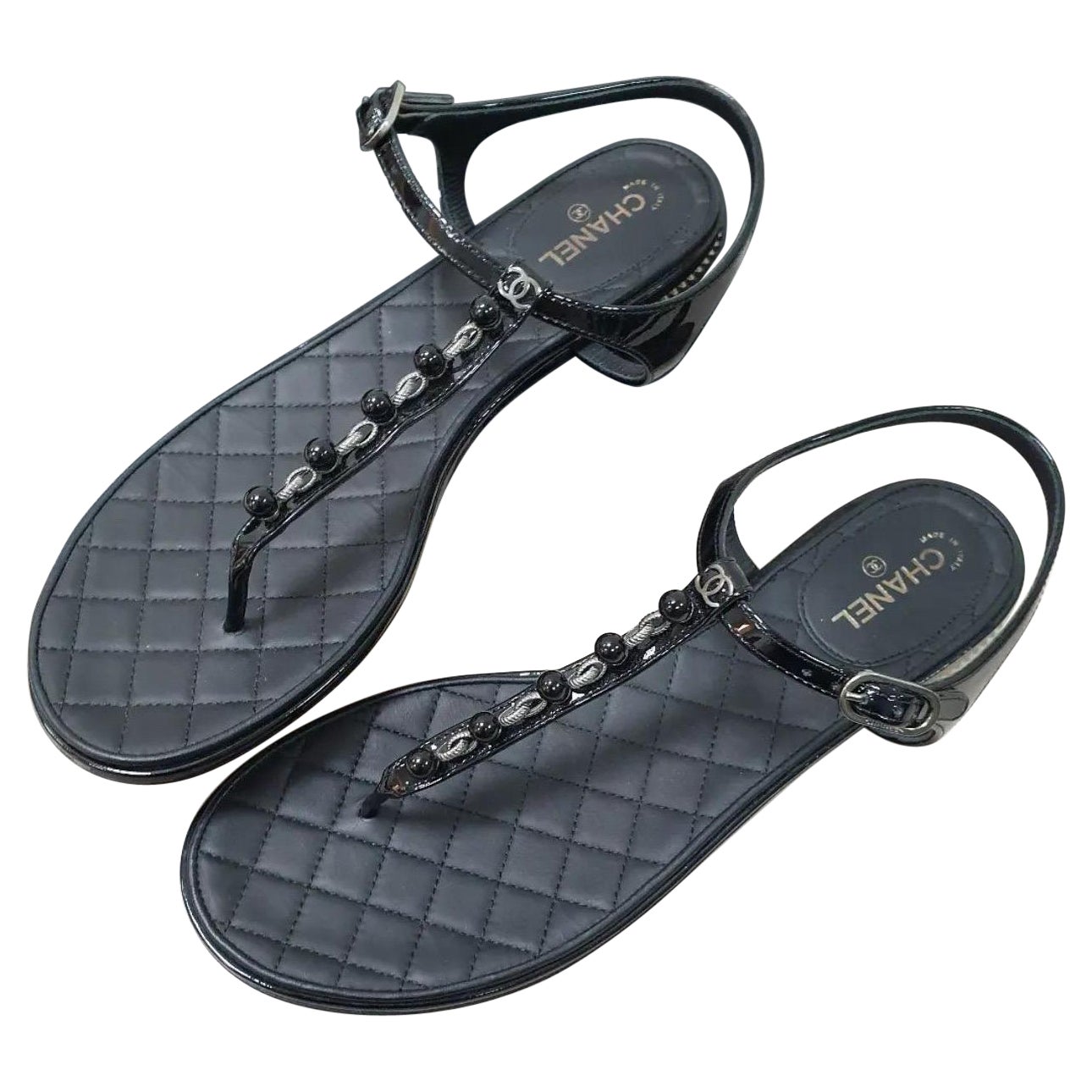 Chanel Black Bead Chain Thong Sandals For Sale