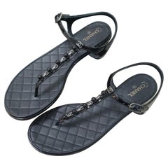 Used Chanel Black Bead Chain Thong Sandals