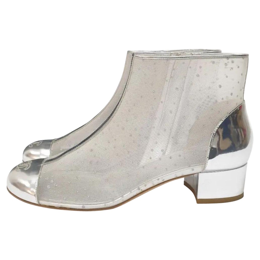 Chanel Silver Mesh Chunky Ankle Boots For Sale