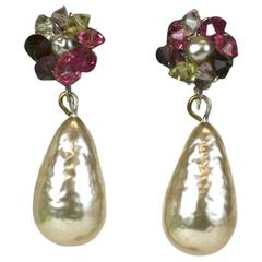 Vintage Miriam Haskell Pearl and Crystal Drop Earrings