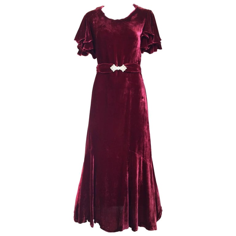 1930s Maroon rayon velvet dress with rhinestones belt For Sale at ...