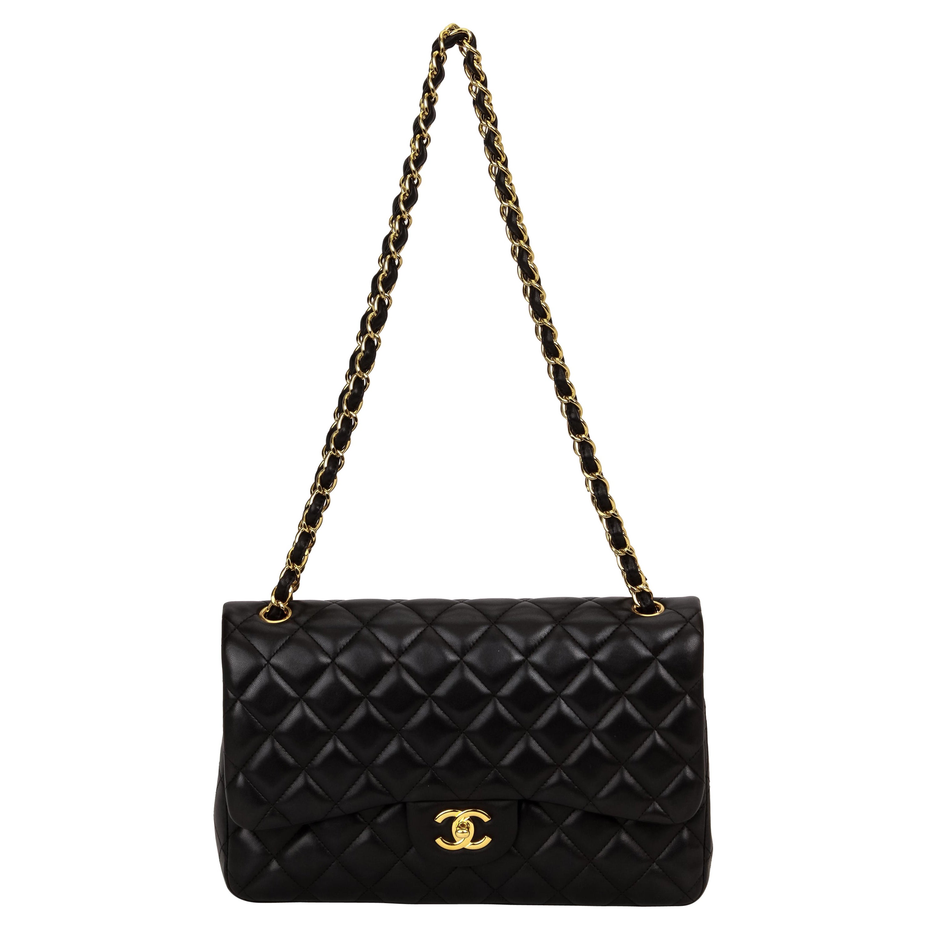 Chanel Black Lamb Jumbo Double Flap Gold Bag For Sale