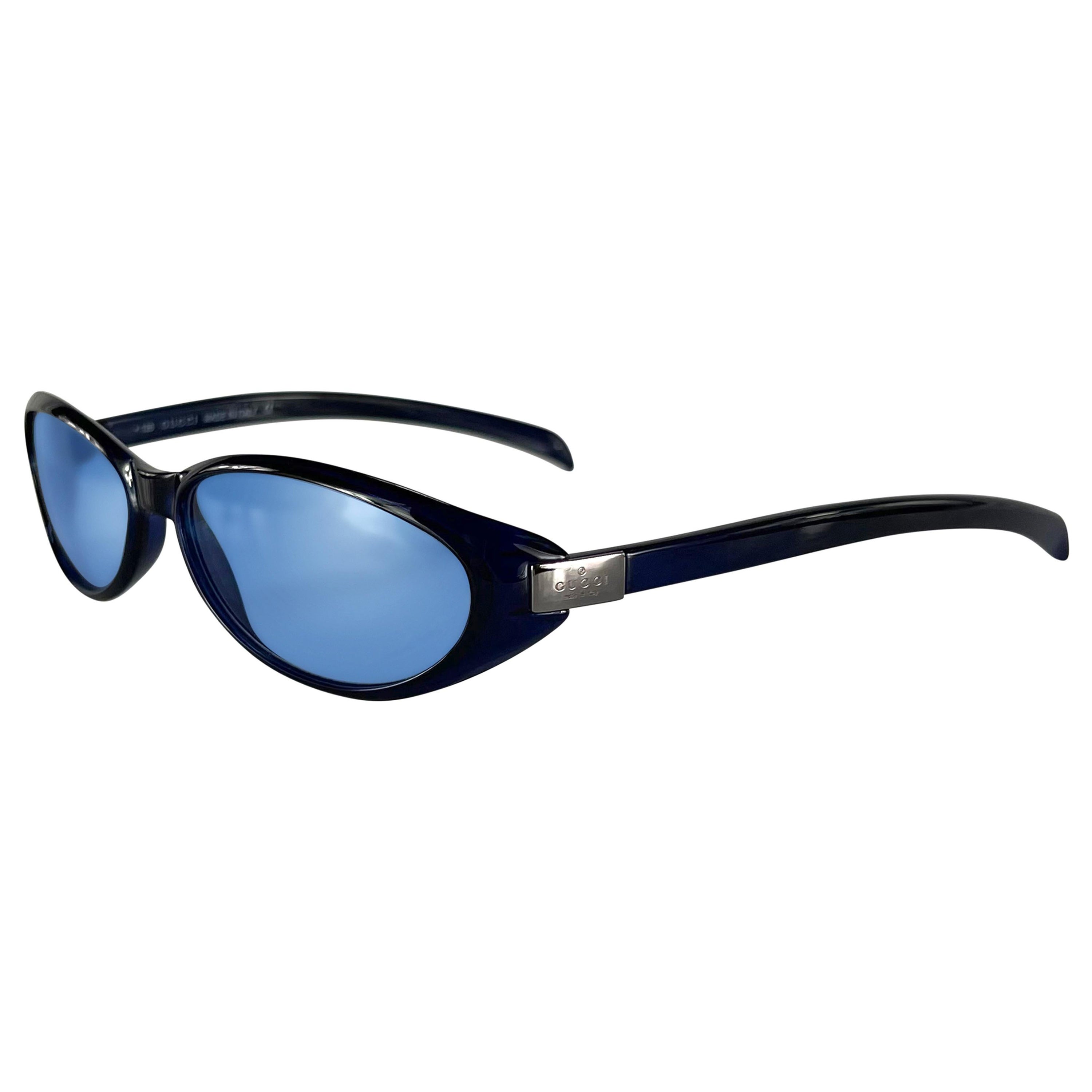 1990s Gucci by Tom Ford Thin Frame Deep Blue Logo Oval Sunglasses For Sale