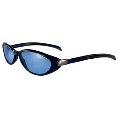 Retro 1990s Gucci by Tom Ford Thin Frame Deep Blue Logo Oval Sunglasses