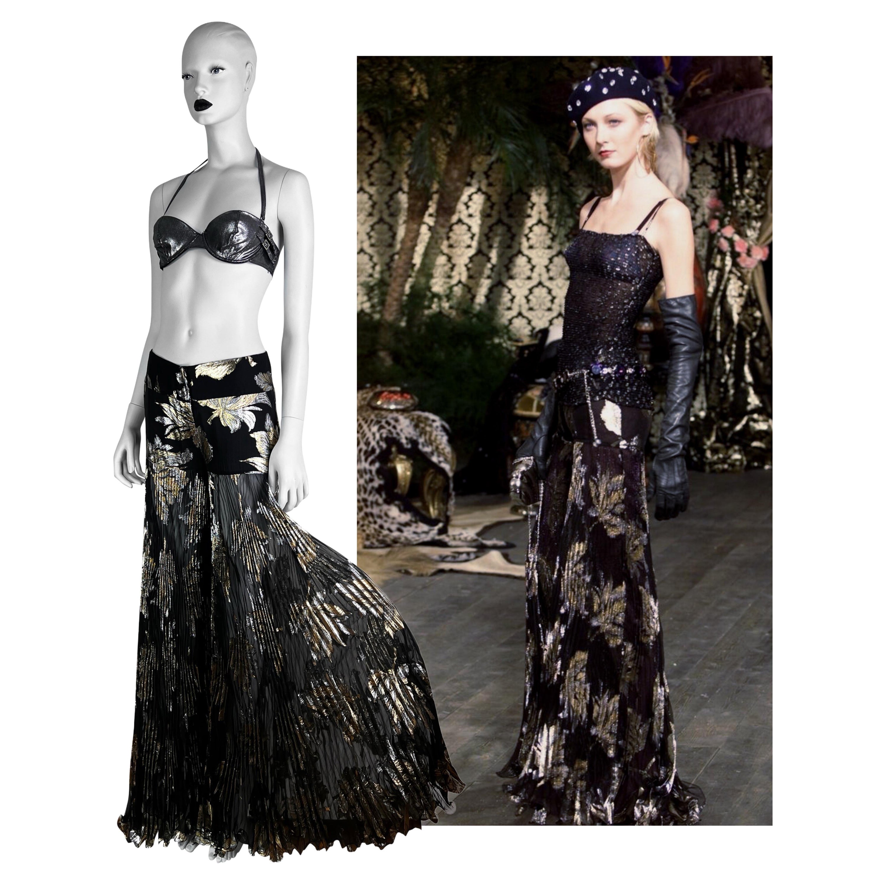Dolce & Gabbana Fall 2000 Lamé Black Chiffon Silk Pleated Evening Trousers