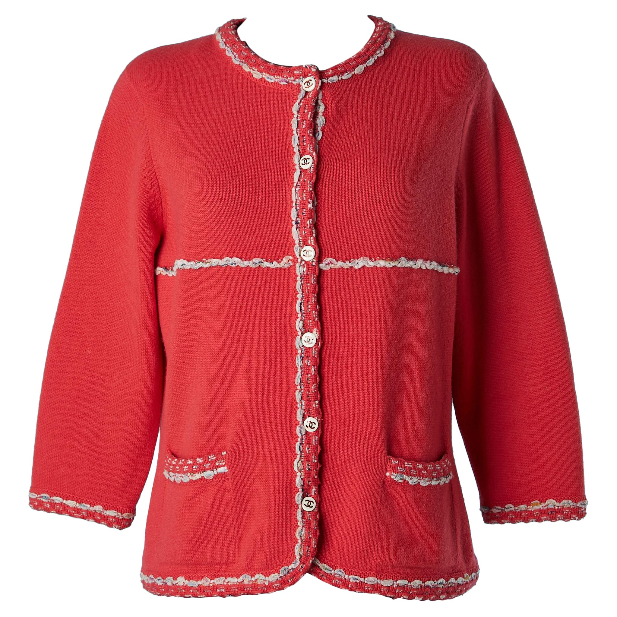 Red-orangy cashmere cardigan with branded buttons Chanel  For Sale