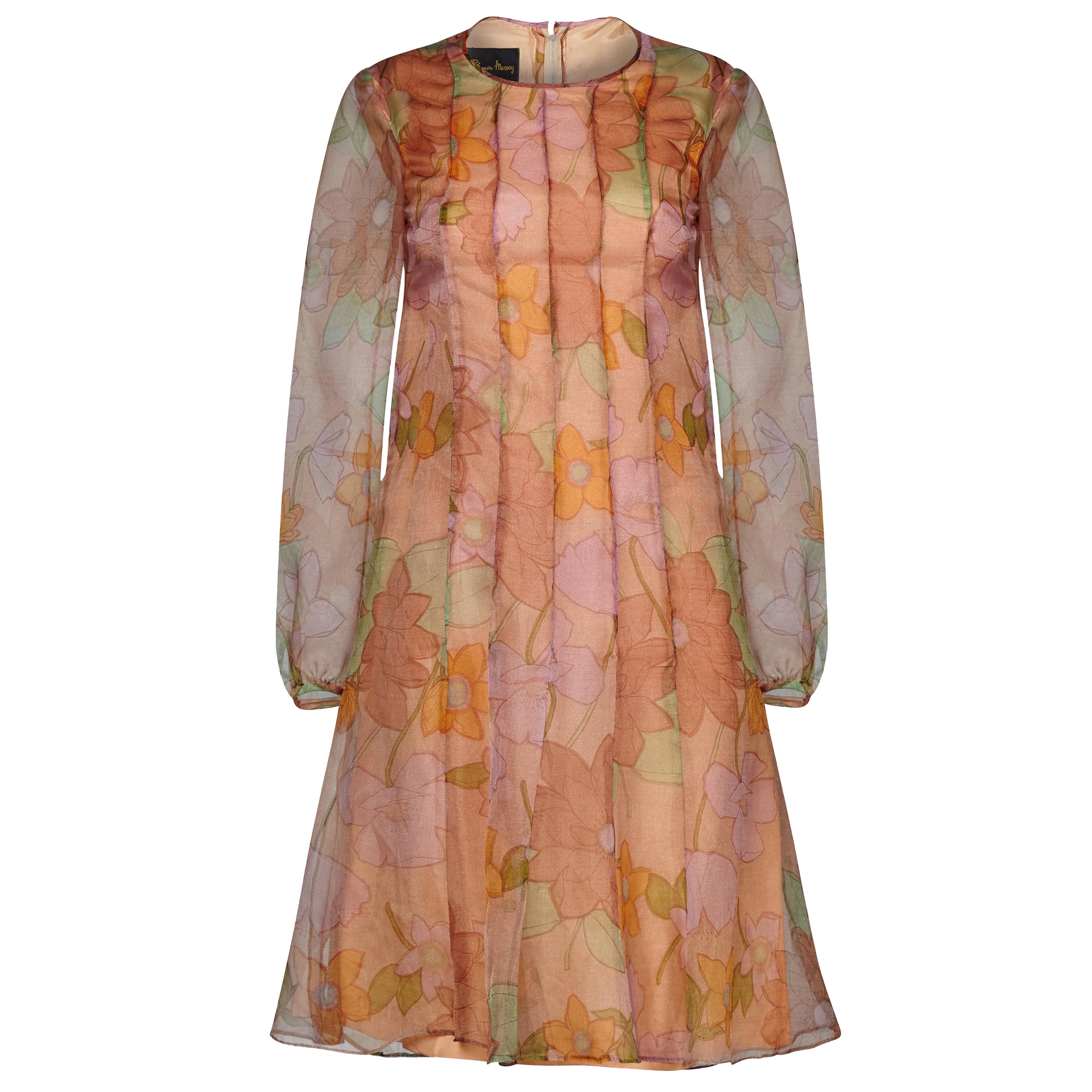 1960s Simon Massey Organza Floral Print Dress For Sale