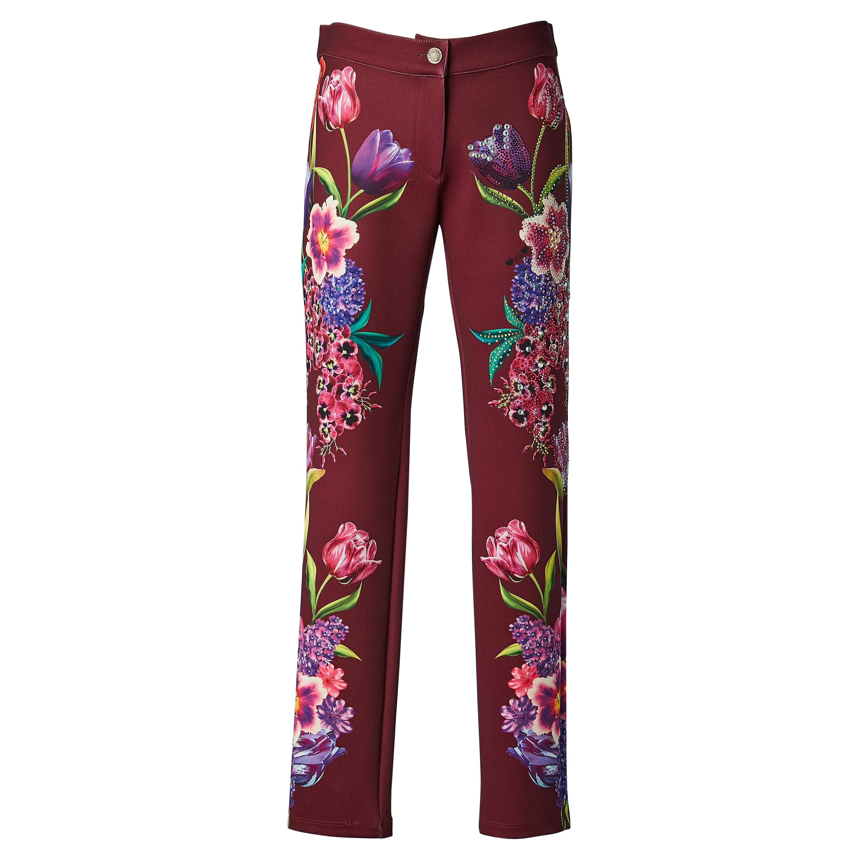 Pantalon bourgogne avec imprimé floral et strass Gai Mattiolo Love to Love  en vente