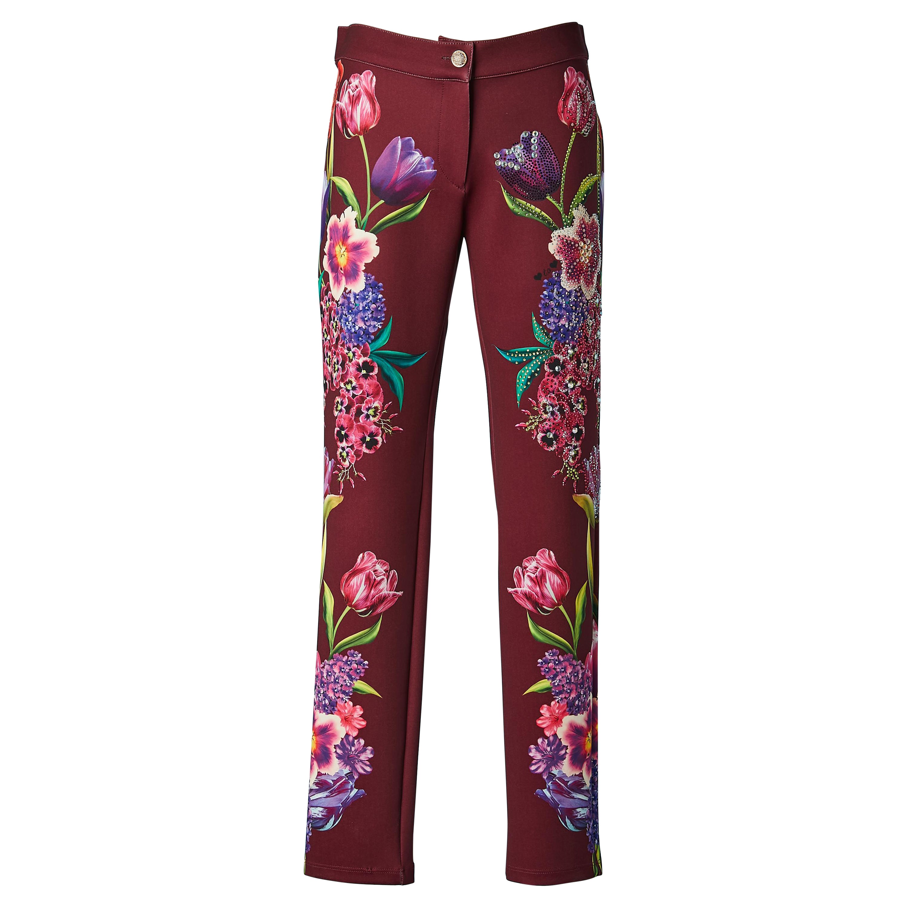 Pantaloni bordeaux con stampa floreale e strass Gai Mattiolo Love to Love in vendita