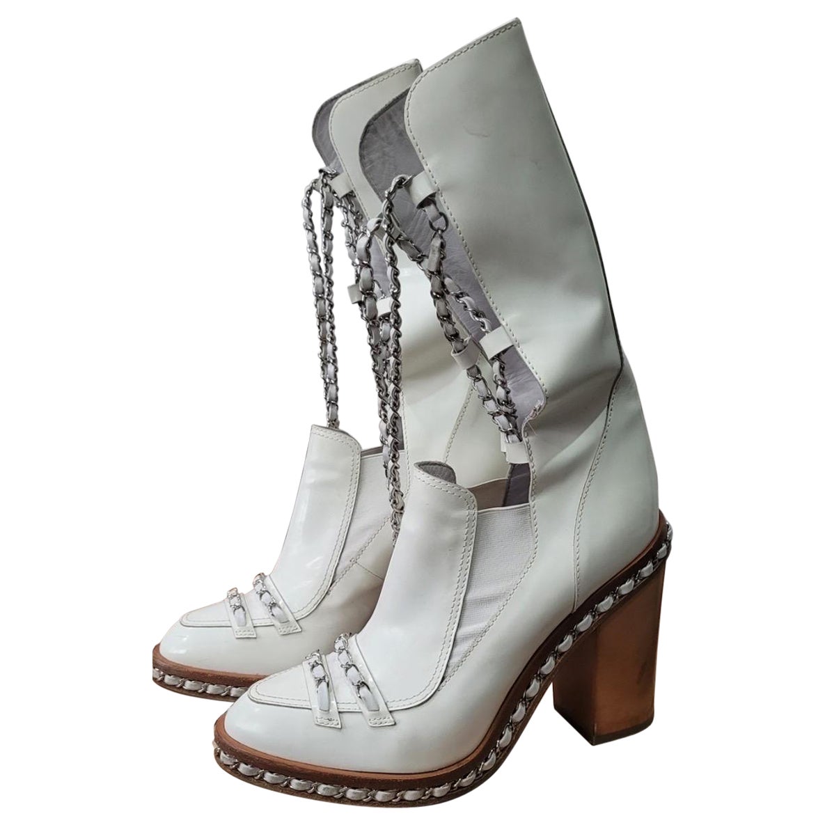 Chanel 2013 Weiße Stiefel aus Lackleder mit Absatz aus Kalbslederkette Obsession